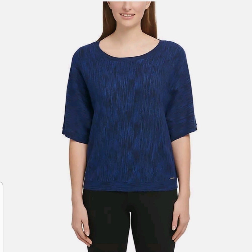 DKNY Jeans Women's Marled Knit Dolman Half Sleeve Top Blue XL NWT